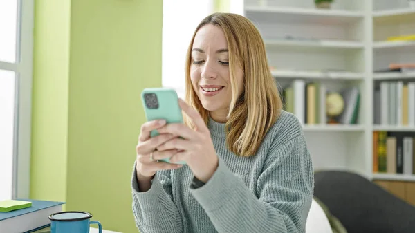 Young Blonde Woman Student Using Smartphone Library University — Stock Fotó