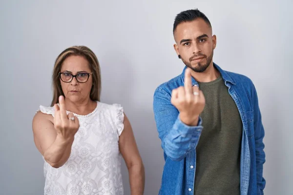Hispanic Mother Son Standing Together Showing Middle Finger Impolite Rude — стоковое фото