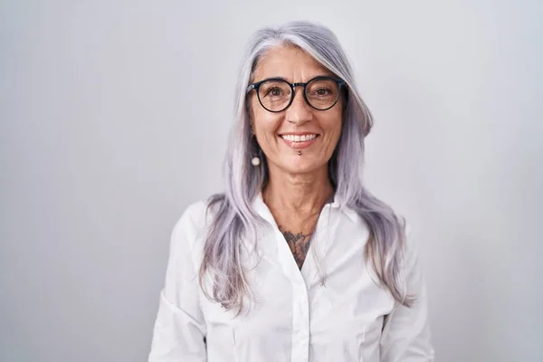 Middle Age Woman Tattoos Wearing Glasses Standing White Background Happy — Stock Photo, Image