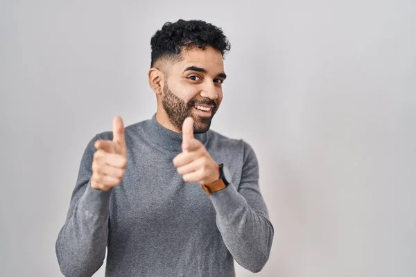 Hispanic Man Beard Standing White Background Pointing Fingers Camera Happy — 스톡 사진