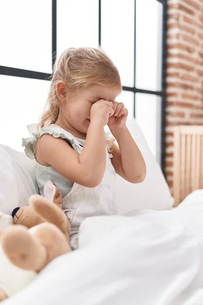Adorable Blonde Girl Sitting Bed Crying Bedroom — Stock Photo, Image