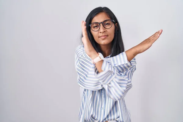 Young Hispanic Woman Wearing Glasses Rejection Expression Crossing Arms Doing — Stock Photo, Image