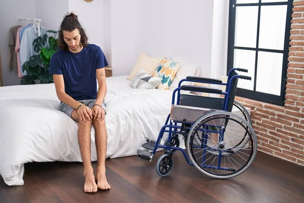 Young Hispanic Man Disabled Sitting Bed Bedroom — Stock Photo, Image