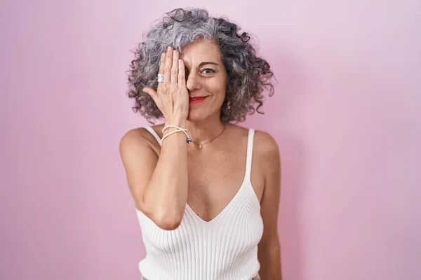Middle Age Woman Grey Hair Standing Pink Background Covering One — Stock Photo, Image