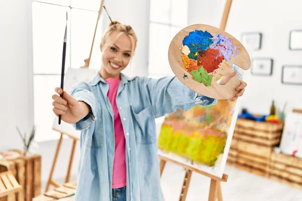 Young Caucasian Woman Artist Smiling Confident Holding Paintbrush Palette Art — Stockfoto