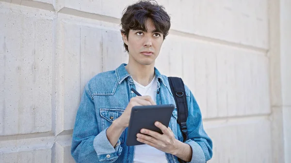 Young Hispanic Man Student Drawing Touchpad University — Stock Photo, Image