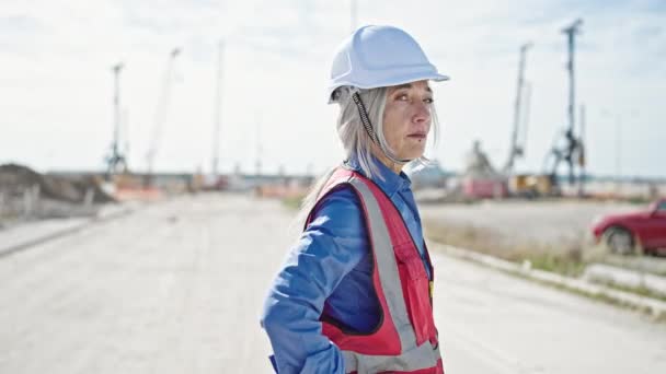 中年灰发女建筑工人自信地站在街上 — 图库视频影像