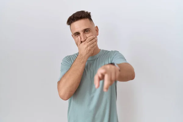 Hispanic Man Beard Standing White Background Laughing You Pointing Finger — Fotografia de Stock