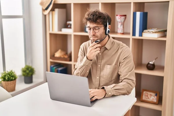 Hispanic Young Man Wearing Call Center Agent Headset Serious Face — Stock Photo, Image