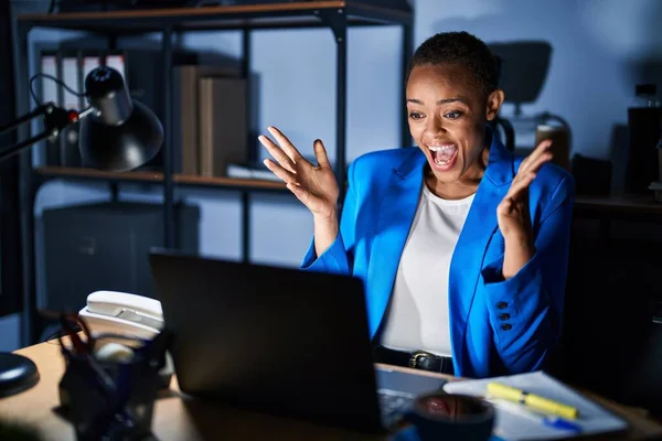 Beautiful African American Woman Working Office Night Celebrating Crazy Amazed — Stock Photo, Image