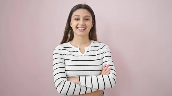 Young Beautiful Hispanic Woman Smiling Confident Standing Arms Crossed Gesture —  Fotos de Stock