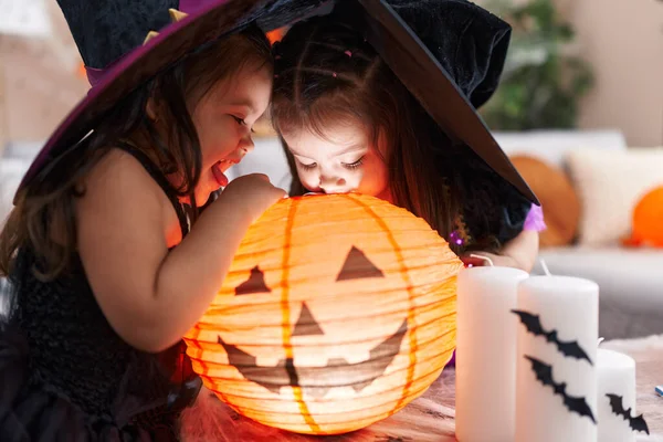 Adorable Twin Girls Wearing Halloween Costume Looking Pumpkin Lamp Home — Stock Photo, Image