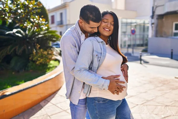 Young Latin Couple Expecting Baby Hugging Each Other Standing Park — Stock Photo, Image