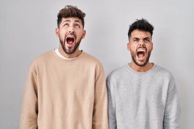Young homosexual couple standing over white background angry and mad screaming frustrated and furious, shouting with anger. rage and aggressive concept. 