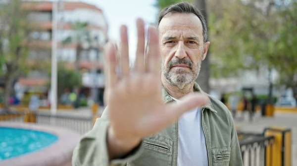 Middle Age Man Doing Stop Gesture Hand Park — Stockfoto