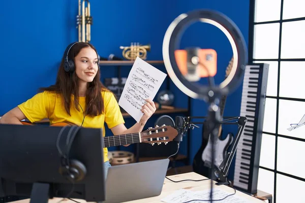 Young Woman Musician Having Online Classical Guitar Class Music Studio — Stok fotoğraf