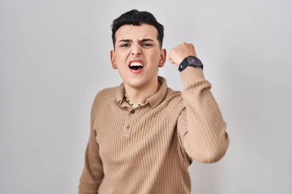 Non Binary Person Standing Isolated Background Angry Mad Raising Fist — Stock Photo, Image