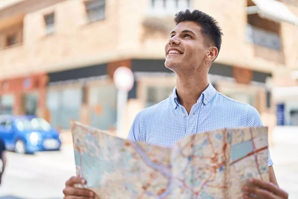 Young Hispanic Man Smiling Confident Holding City Map Street — 图库照片