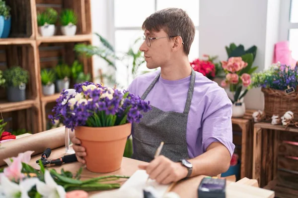 Caucasian Blond Man Working Florist Shop Looking Side Relax Profile — Stock Photo, Image