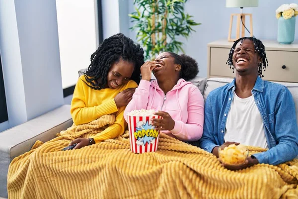 African American Friends Watching Movie Sitting Sofa Home — Photo