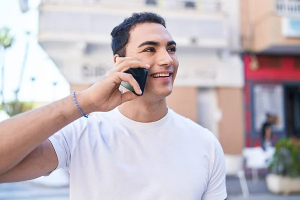 Young Hispanic Man Smiling Confident Talking Smartphone Coffee Shop Terrace — ストック写真