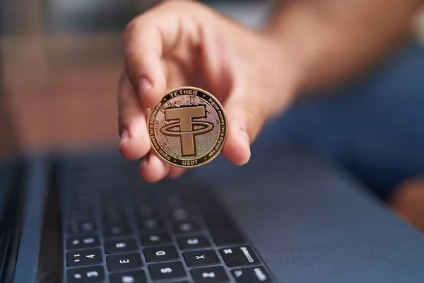Young Hispanic Man Holding Tether Crypto Currency Using Laptop Home — Stock Photo, Image
