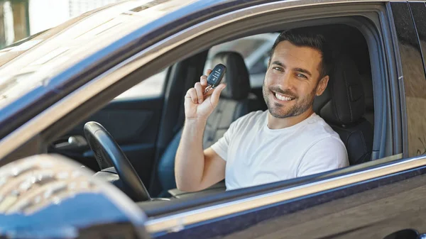 Young Hispanic Man Smiling Confident Holding Key New Car Street — ストック写真