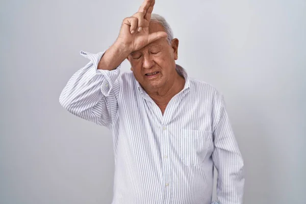 Senior Man Grey Hair Standing Isolated Background Making Fun People — Photo