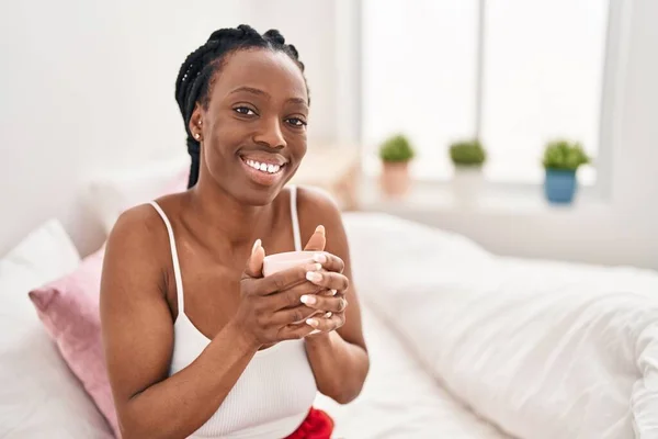African American Woman Drinking Cup Coffee Sitting Bed Bedroom — Stock Photo, Image