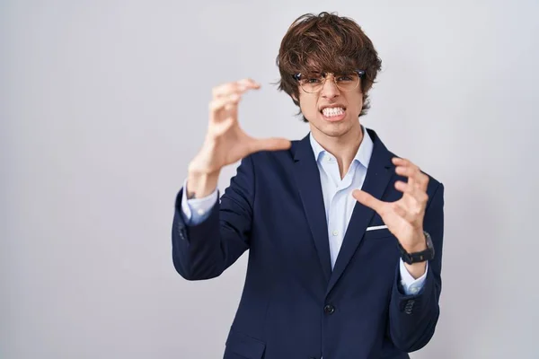 Hispanic Business Young Man Wearing Glasses Shouting Frustrated Rage Hands — Stock Photo, Image