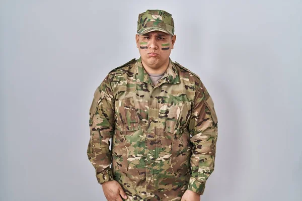 Hispanic Young Man Wearing Camouflage Army Uniform Depressed Worry Distress — Stock Photo, Image