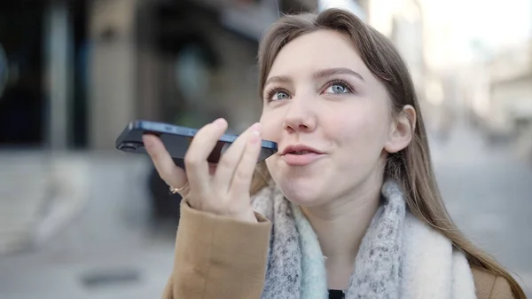 Young Blonde Woman Smiling Confident Sending Voice Message Smartphone Street — Stock Fotó