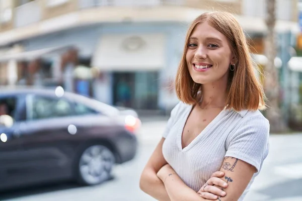 Young Redhead Woman Smiling Confident Standing Arms Crossed Gesture Street — Foto Stock