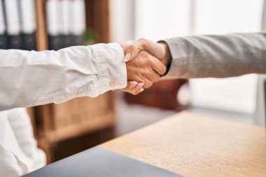 Man and woman business workers shake hands working at office