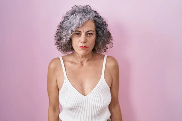Middle Age Woman Grey Hair Standing Pink Background Depressed Worry — Stock Photo, Image