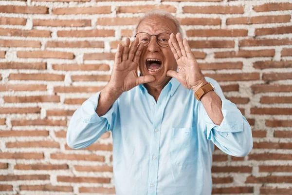 Starší Muž Šedivými Vlasy Stojící Nad Cihlovou Zdí Vesele Usmívající — Stock fotografie