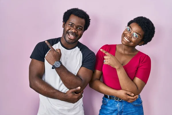 Young African American Couple Standing Pink Background Big Smile Face — Stock Photo, Image