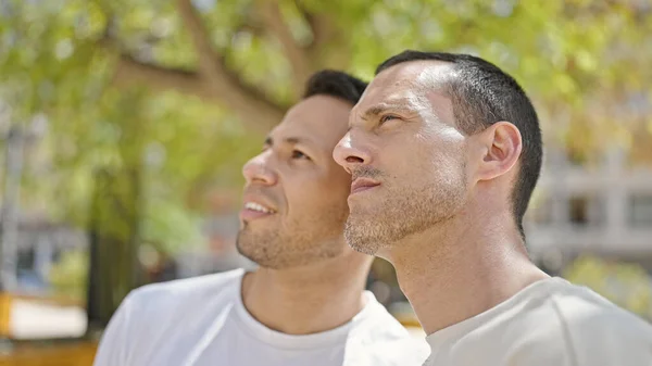 Two Men Couple Looking Sky Relaxed Expression Park — Stock Photo, Image