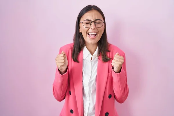 Young Hispanic Woman Wearing Business Clothes Glasses Excited Success Arms — Stock Photo, Image