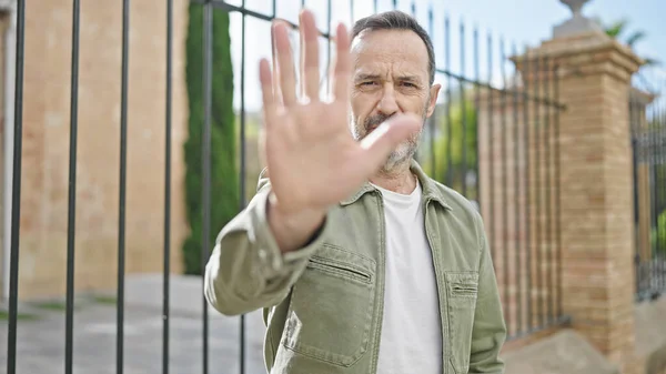 Middle Age Man Doing Stop Gesture Hand Street — Fotografia de Stock