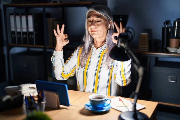 Middle Age Woman Grey Hair Working Office Night Relax Smiling — Stock Photo, Image