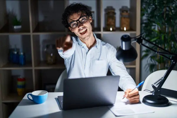 Hispanic Man Working Office Night Pointing You Camera Fingers Smiling — Stock Photo, Image