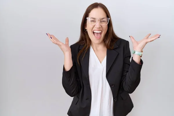 Beautiful Brunette Woman Wearing Business Jacket Glasses Celebrating Crazy Amazed — Stock Photo, Image