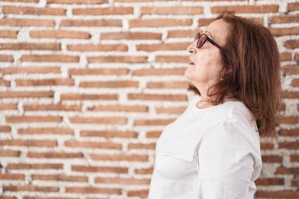 戴眼镜的老妇人站在砖墙的另一边 面容自然 面带微笑地放松自己的形象 — 图库照片