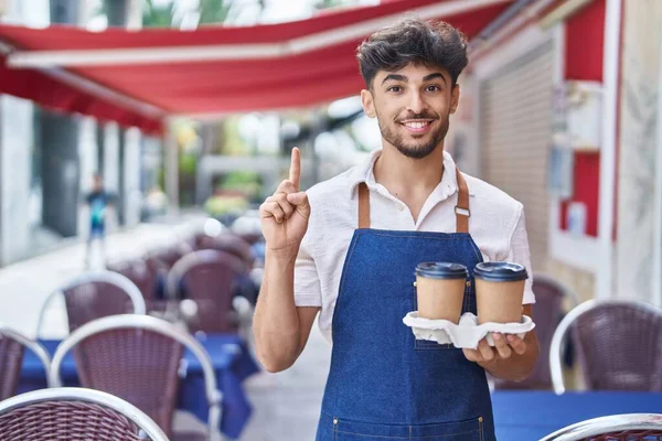 Arab Man Beard Wearing Waiter Apron Restaurant Terrace Surprised Idea — стокове фото