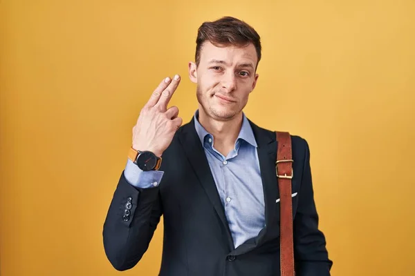 Caucasian Business Man Yellow Background Shooting Killing Oneself Pointing Hand — Stock Photo, Image
