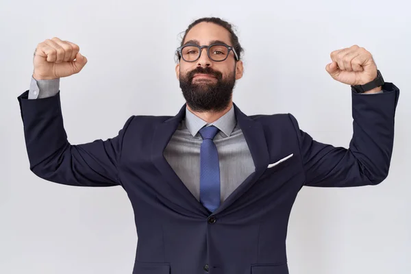 Hispanic Man Beard Wearing Suit Tie Showing Arms Muscles Smiling — стоковое фото