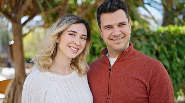Man Woman Couple Smiling Confident Standing Together Park — Fotografia de Stock