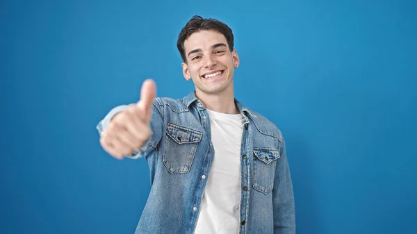 Young Hispanic Man Smiling Thumb Isolated Blue Background — Stock Photo, Image