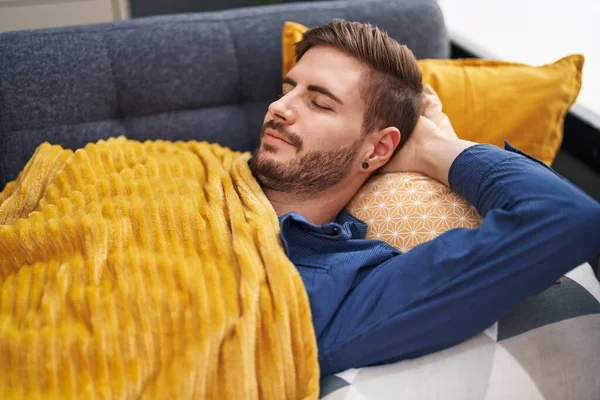 Young Caucasian Man Lying Sofa Sleeping Home — Stockfoto